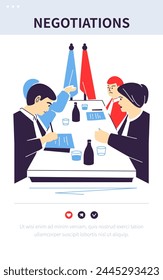 Political negotiations - colorful flat design style banner with linear elements. Composition with table with the board of directors discussing the current situation. Management and relationships