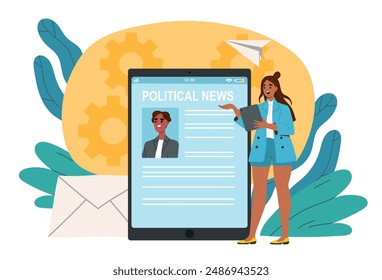 Political news online. A woman near a tablet with a message. Presentation of a political figure. Election campaign in the media. Cartoon flat vector illustration