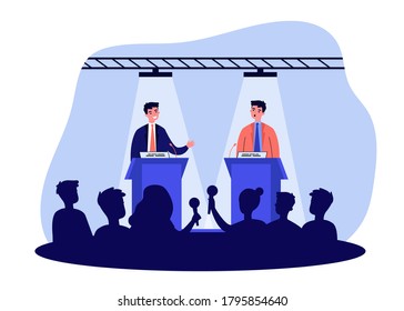 Political opponents arguing on debates. Two politicians speaking on stage before audience and journalists. Vector illustration for politics, controversy, president election concept