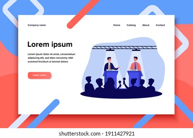 Political opponents arguing on debates. Two politicians speaking on stage before audience and journalists. Vector illustration for politics, controversy, president election concept