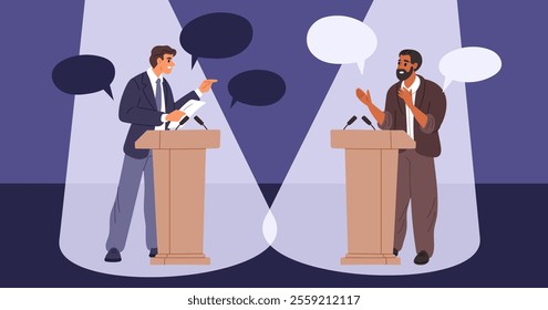 Political opponents arguing. Presidential candidates debating on stage. Parties members. Public speech. Speakers standing at tribunes. Politicians discussion. Garish