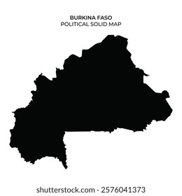 The political outline of Burkina Faso in a solid black color. It is useful for educational references and geographical studies, highlighting the nations shape and borders.