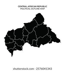 The political outline of Central African Republic, highlighting its administrative regions with a clear black design on a white background.