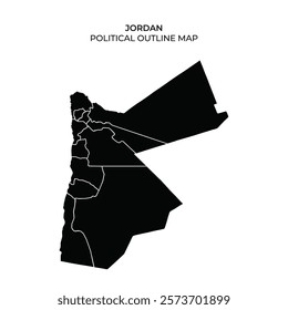 The political outline map of Jordan, highlighting its distinct regional boundaries. The map is simplified to focus solely on the geographical divisions.