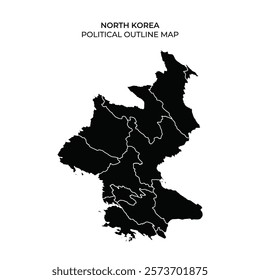 Political outline map of North Korea highlighting its regional divisions. The black silhouette emphasizes the distinct areas and boundaries within the country.