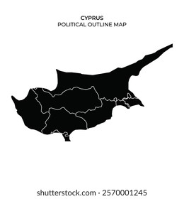 The political outline map showcases Cyprus, emphasizing its borders and regions in a simple black design. This representation aids in understanding the islands geographical divisions.