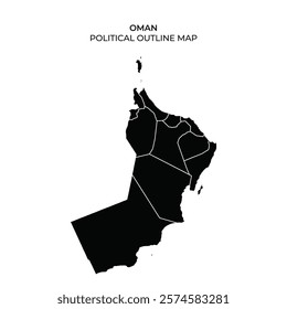The political outline map shows Oman with clear demarcations of its regions and administrative boundaries. The map is presented in a simple black silhouette for clarity.
