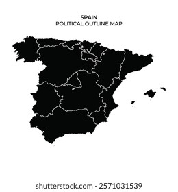 A political outline map of Spain featuring defined regional boundaries without any color, showcasing geographical divisions and layout of the country.