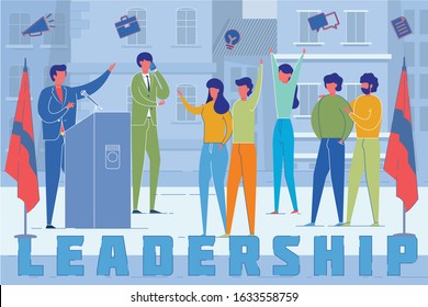 Political Party Leader Speech Word Concept Banner. Crowd Supporting Activist Ideas. Candidate Meeting Voters during Elections Campaign. Public Official Addressing Citizens, Making Statements