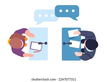 Political party leaders debate in public discussion. People standing at speaker tribunes top view. Politician speech. President or government election. Candidate podiums