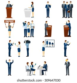 Political party leaders programs speeches broadcast and democratic election procedure pictograms set flat abstract isolated vector illustration