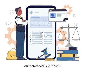 Political party program. Man near scales and judges gavel. Lawmaking and politics. Political campaign. Candidate for president or government. Linear vector illustration