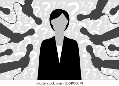 Political person or businesswoman and hands holding microphones, over background with plenty of question marks. Concept of giving interview for the media, making reportage, answering to topical issues