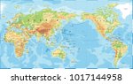 Political Physical Topographic Colored World Map Pacific Centered- vector