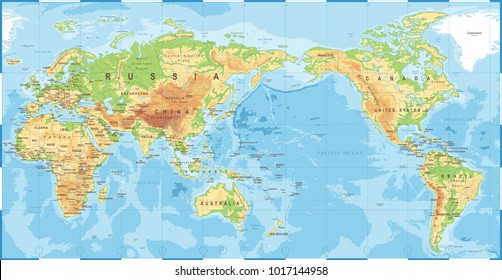 Political Physical Topographic Colored World Map Pacific Centered- vector