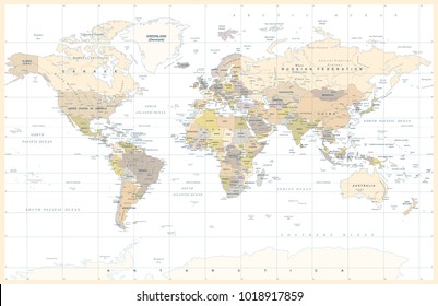 Political Physical Topographic Colored World Map Vector illustration