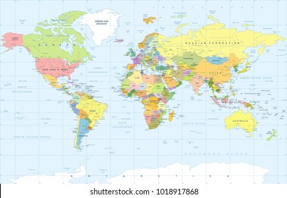 Political Physical Topographic Colored World Map Vector illustration
