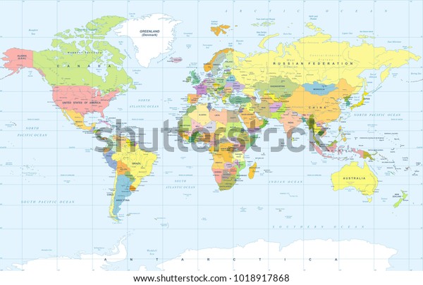 Political Physical Topographic Colored World Map Stock Vector (Royalty ...