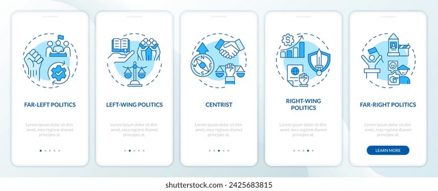 Political polarization blue onboarding mobile app screen. Walkthrough 5 steps editable graphic instructions with linear concepts. UI, UX, GUI template. Myriad Pro-Bold, Regular fonts used