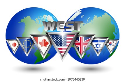 Political poster with 3D inscription west and triangular flags of the US, GB, Canada, EU, Israel, Japan, Korea against the background of the two hemispheres of the planet Earth