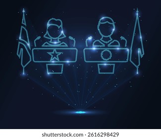 Political press conferences hologram. Futuristic holographic projection of a press conference with glowing energy flux and media-focused design. Ideal for news, politics, and communication concepts