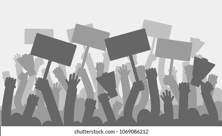 Political protest with silhouette protesters hands holding megaphone, banners and flags. Strike, revolution, conflict vector background. Illustration strike political protester and demonstration