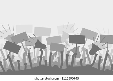 Political protest with silhouette protesters hands holding megaphone, banners and flags. Silhouette crowd of people protesters. Illustration strike political protester and demonstration. Vector illust