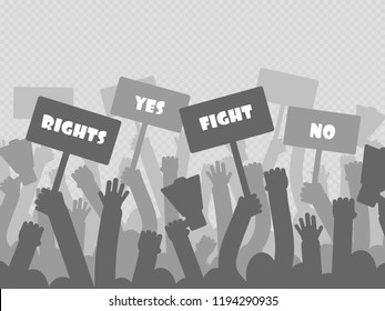 Political protest with silhouette protesters hands holding megaphone, banners and flags isolated on transparent background. Vector illustration