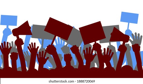 Political protest with silhouette protesters hands holding megaphone, banners and flags. Strike, revolution, conflict vector background.