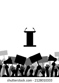 Political protest with silhouette protesters hands holding megaphone.