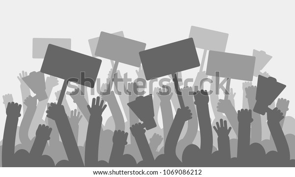 Political protest with silhouette\
protesters hands holding megaphone, banners and flags. Strike,\
revolution, conflict vector background. Illustration strike\
political protester and\
demonstration