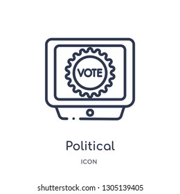 political publicity on monitor screen icon from political outline collection. Thin line political publicity on monitor screen icon isolated on white background.