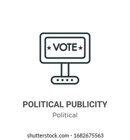 Political publicity on monitor screen outline vector icon. Thin line black political publicity on monitor screen icon, flat vector simple element illustration from editable political concept isolated 