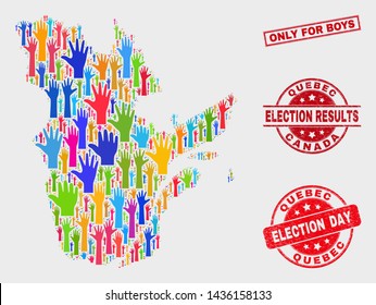 Political Quebec Province map and seal stamps. Red rectangular Only for Boys scratched seal stamp. Colored Quebec Province map mosaic of raised up help arms. Vector combination for election day,