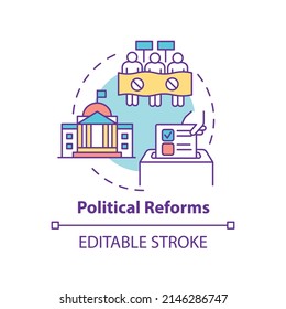 Political reforms concept icon. Rebuilding nation abstract idea thin line illustration. Effective country improvements. Isolated outline drawing. Editable stroke. Arial, Myriad Pro-Bold fonts used