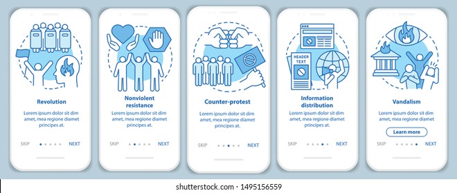 Political revolution onboarding mobile app page screen with linear concepts. Civil unrest and social protest walkthrough steps graphic instructions. UX, UI, GUI vector template with illustrations