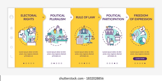 Political rights onboarding vector template. Political pluralism. Rule of law. Freedom of expression. Responsive mobile website with icons. Webpage walkthrough step screens. RGB color concept
