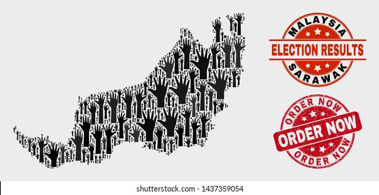 Political Sarawak State map and watermarks. Red round Order Now scratched seal stamp. Black Sarawak State map mosaic of upwards solution arms. Vector composition for referendum results,