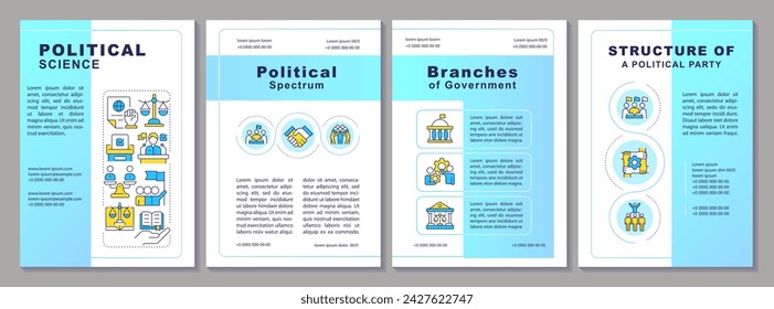 Political science blue brochure template. Government structure. Leaflet design with linear icons. Editable 4 vector layouts for presentation, annual reports. Arial-Black, Myriad Pro-Regular fonts used