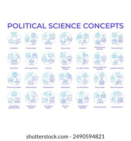 Political science blue gradient concept icons. Government structure and social politics. Political ideology. Law regulation. Icon pack. Vector images. Round shape illustrations. Abstract idea