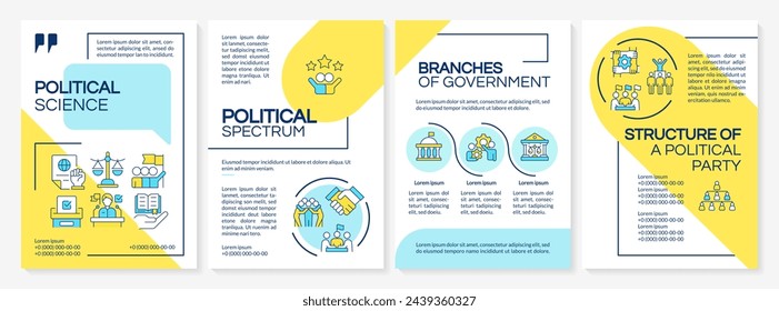 Political science blue and yellow brochure template. Leaflet design with linear icons. Editable 4 vector layouts for presentation, annual reports. Questrial-Regular, Myriad Pro-Regular fonts used