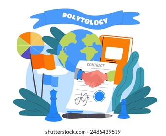Political science lesson. Contract, chess pieces, characters shaking hands against backdrop of planet. Research of political processes. Education and training. Cartoon vector illustration