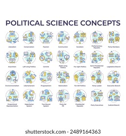 Iconos de concepto multicolor de ciencia política. Estructura de gobierno y política social. Ideología política. Regulación de la ley. Paquete de iconos. Imágenes vectoriales. Ilustraciones de forma redonda. idea Abstractas