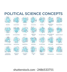 Political science soft blue concept icons. Government structure and social politics. Political ideology. Law regulation. Icon pack. Vector images. Round shape illustrations. Abstract idea