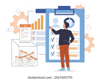 Political scientist concept. Man analyzes graphs and diagrams, statistics and infographics. Man evaluates politicians. Sociology and political science. Linear vector illustration