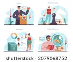 Political scientist concept set. Studying of political ideas, institutions and election system. Political analyst studying politics strategy and law making. Flat vector illustration