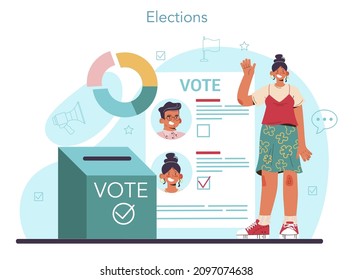 Political scientist concept. Studying of political ideas, institutions and election system. Political analyst studying politics strategy and law making. Flat vector illustration