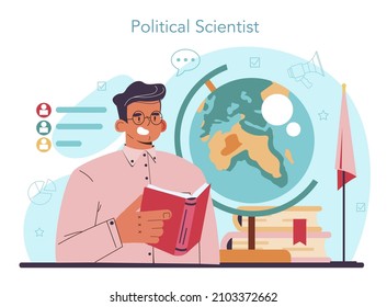 Political scientist concept. Studying of political ideas, institutions and election system. Political analyst studying politics strategy and law making. Flat vector illustration