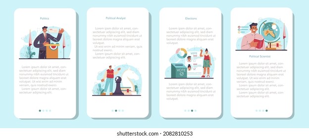 Political scientist mobile application banner set. Studying of political ideas, institutions and election system. Political analyst studying politics strategy and law making. Flat vector illustration