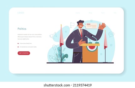 Political scientist web banner or landing page. Studying of political ideas, institutions and election system. Political analyst studying politics strategy and law making. Flat vector illustration